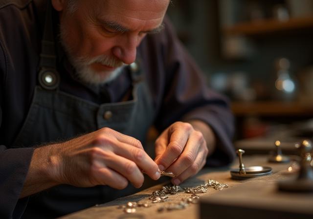 Experienced artisan carefully working on a piece of jewelry using traditional tools in a workshop