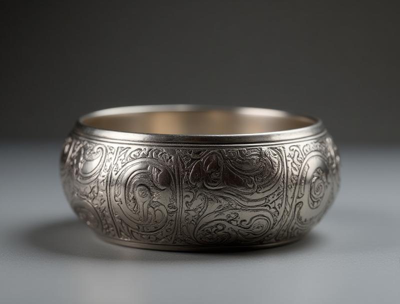 Heavy silver bangle bracelet adorned with intricate etched patterns covering its entire surface