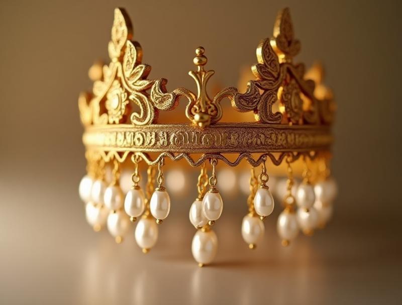 Traditional gold Maang Tikka headpiece with intricate detailing and dangling pearl drops