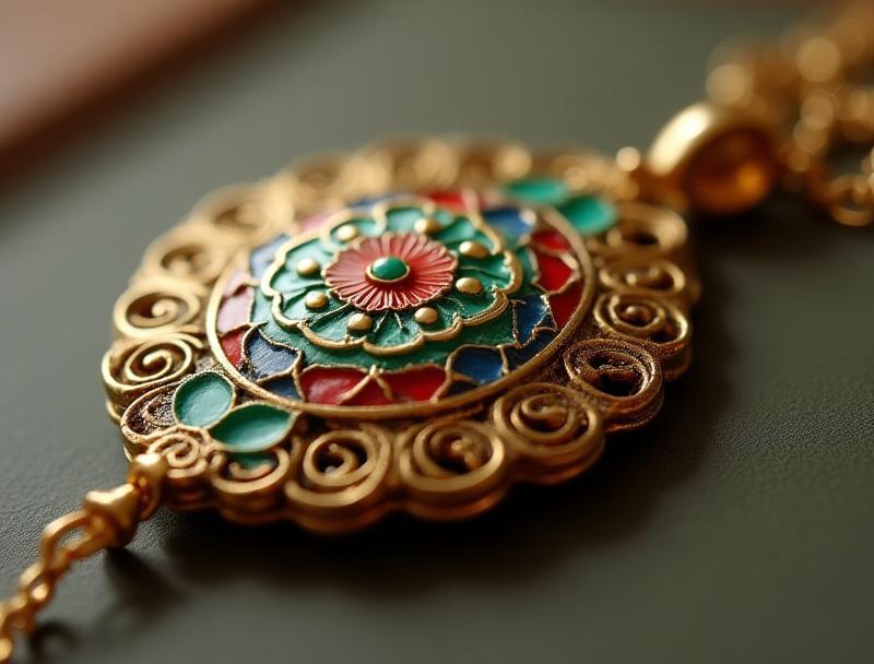 Detailed view of an intricate enameled pendant on a fine gold chain, featuring floral patterns in rich colors