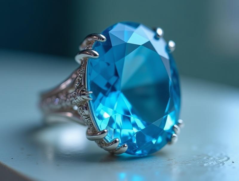 Close-up of a stunning silver ring set with a large, vibrant blue gemstone