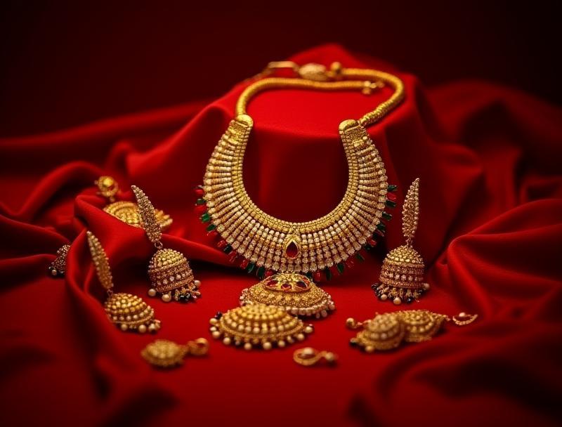 Complete traditional Indian bridal jewelry set including necklace, earrings, and maang tikka, crafted in gold