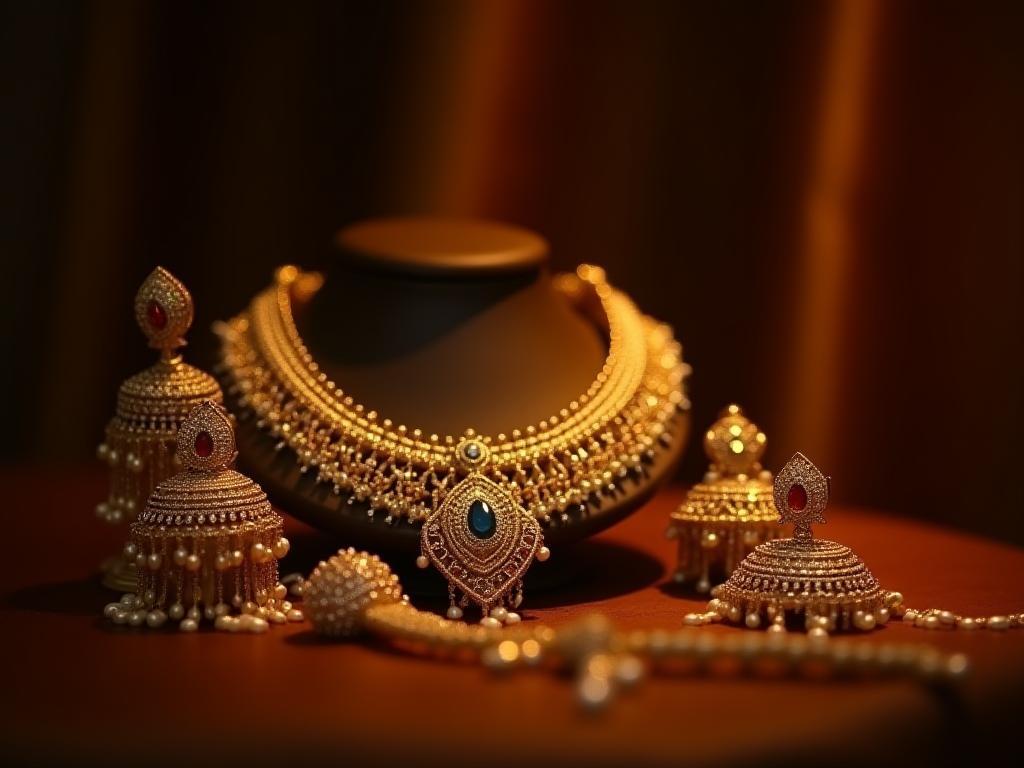 Closeup display of intricate handcrafted gold necklace and earrings from Zari Jewels
