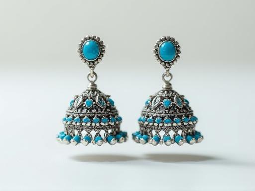 Pair of elegant silver Jhumka earrings adorned with blue gemstones, reflecting classic style