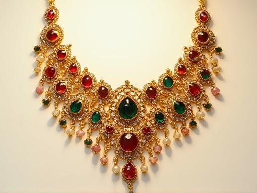 Intricate gold Kundan necklace with large stones, showcasing traditional Indian craftsmanship